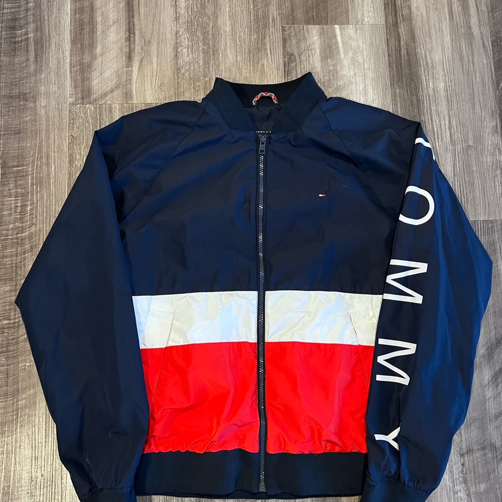 Mens Tommy Hilfiger Navy Blue Bomber Jacket With Spelled Out Logo Size M